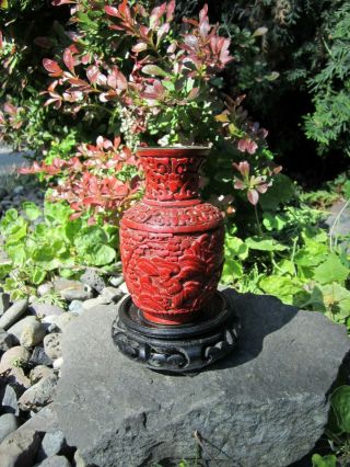 Antique Chinese Hand Carved Cinnabar Lacquer Vase
