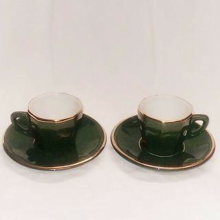 Vintage Apilco Porcelain Espresso Cups & Saucers Green W/ Gold France - Set Of 2