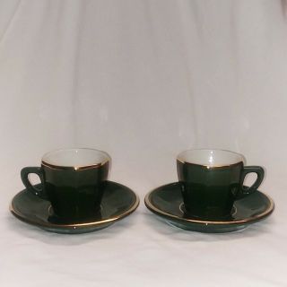 Vintage Apilco Porcelain Espresso Cups & Saucers Green w/ Gold France - Set of 2 2
