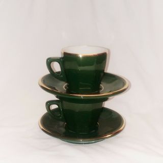 Vintage Apilco Porcelain Espresso Cups & Saucers Green w/ Gold France - Set of 2 3
