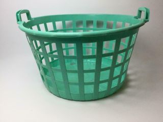 Vintage Plastic Round Laundry Basket Hamper Turquoise Green Rare 1950 