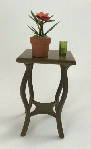 Vtg Miniature Dollhouse Brass End Table W Terra Cotta Potted Plant Green Glass