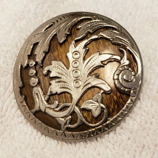Antique,  Pierced Metal Art Nouveau Button,  Wood,  Celluloid Back Ground 1 - 3/8 "