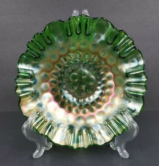 Antique Fenton Green Carnival Glass Stippled Coin Dot 9 " Bowl Crimped Ruffled