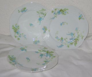 3 Antique Limoges Floral Salad Dessert Plates Blue White Flowers - Flag Mark