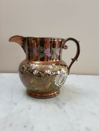 Large Antique Staffordshire Copper Luster Handpainted 7 " Pitcher