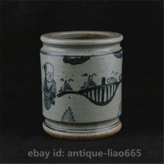 Old Chinese Ceramics Blue White Porcelain Ancient Figure Brush Pot Pencil Vase