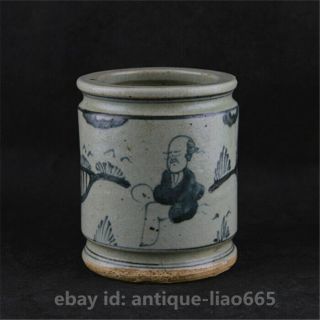 Old Chinese Ceramics Blue White Porcelain Ancient Figure Brush Pot Pencil Vase 2