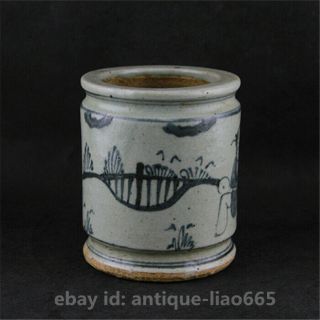 Old Chinese Ceramics Blue White Porcelain Ancient Figure Brush Pot Pencil Vase 3