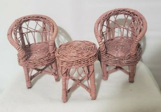 Vintage Wicker Rattan 2 Chairs & 1 Table Barbie Doll Size Patio Furniture