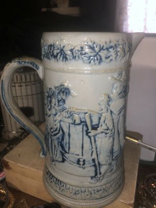 Antique Blue & Grey Stoneware Water Pitcher Jug Embossed Colonial Scenes