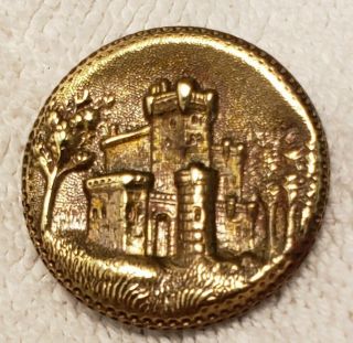 Antique,  Pressed Brass,  Picture Button,  Castle,  The Keep,  Architectural 1 - 1/8 "