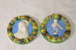 Small Italian Majolica Della Robbia Wreath Plaques - Mary And Baby Jesus