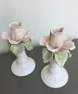 Vintage Casa Pupo Candle Sticks Pair Made In Italy Ceramic Floral Delicate