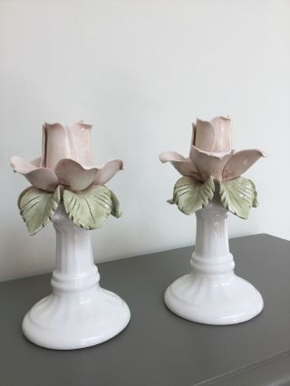 Vintage Casa Pupo Candle Sticks Pair Made In Italy Ceramic Floral Delicate 2