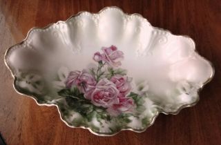 C.  T.  Germany Hand Painted Large Porcelain Scalloped Oval Bowl - Antique 14 " Roses