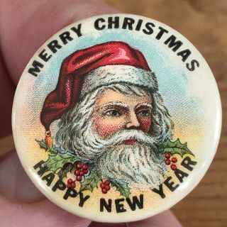 Vintage Santa Claus Pinback Button Merry Christmas Happy Year Celluloid
