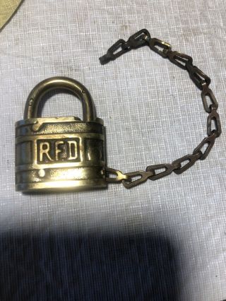 Old Vintage Antique Ornate Rfd Mail Brass Padlock Lock & Chain,  No Key