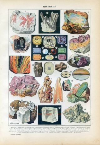 Minerals,  Precious Stones,  Diamond Antique Lithograph Print.  Larousse C1920