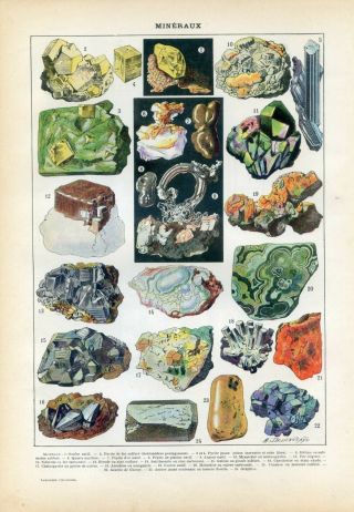 Minerals,  Nugget,  Pyrite,  Quartz Antique Lithograph Print.  Larousse C1920