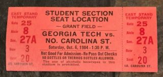 Rare 1984 Football Ticket Georgia Tech Vs North Carolina State Wolfpack