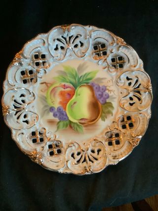 Vintage Fenton Reticulated Gold Edged Porcelain 8” Plate Fruit Hand Painted