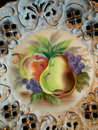 Vintage Fenton Reticulated Gold Edged Porcelain 8” Plate Fruit Hand Painted 2