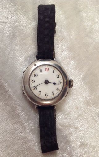 Antique Wwii Era 1918 Solid Silver Trench Watch Style Watch On Material Strap.