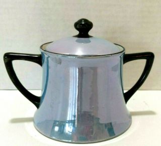 Antique Blue Lusterware Sugar Bowl With Black Handles - 1925
