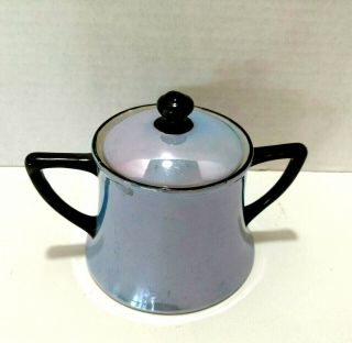 Antique Blue Lusterware Sugar Bowl with Black Handles - 1925 2
