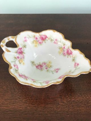 Antique Limoges Porcelain Leaf Shaped Bowl Plate Pink Yellow Rose Garland