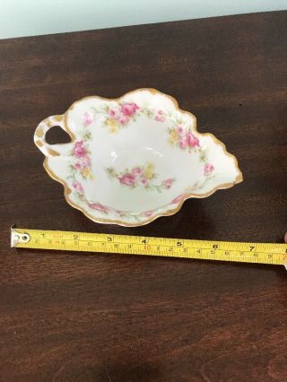 Antique Limoges Porcelain Leaf Shaped Bowl Plate Pink Yellow Rose Garland 2