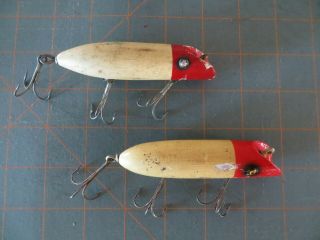 2 Vintage Wooden South Bend Bass Oreno Lures - Red & White - 4 Inch