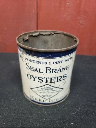 RARE SEAL BRAND RAW OYSTERS PINT CAN W.  H.  MCGEE & CO WHITE BLUE MARYLAND MD 28 3