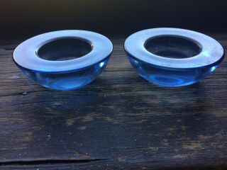 Round Light Blue Glass Tapered Candle Holders,  Set Of 2