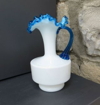 Unusual Antique White Glass Jug/pitcher With Blue Frilly Rim & Applied Handle