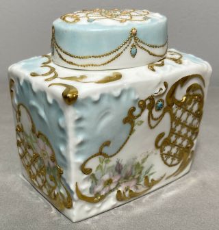 Rare Antique T&v Limoges France Tea Caddy Blue White Pink Flowers W/gold Accents