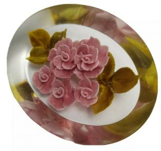Vintage Oval Clear Lucite Reverse Carved Pink Roses Antique Pin Brooch Chunky