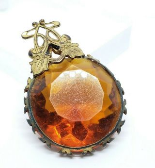 Antique Victorian Gold Gilt Brass Faceted Amber Glass Gemstone Floral Pendant