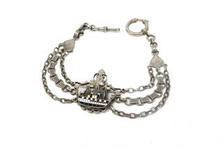 An Unusual Antique Victorian Silver Plated Enamelled Ship Watch Chain 19155