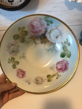 Antique 10” Prussia Porcelain Hand Painted Roses With Gold Rim Serving Bowl
