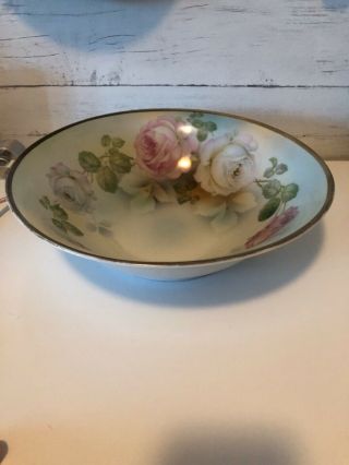 Antique 10” Prussia Porcelain Hand Painted Roses With Gold Rim Serving Bowl 2