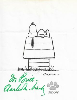 Charles M.  Schulz - Vintage Hand Signed And Inscribed Print Of Scoopy.  Rare.