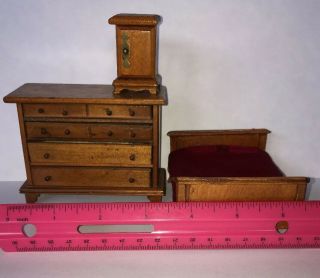 Vintage Miniature Dollhouse Furniture.  Wood.  Bed - Dresser - Box