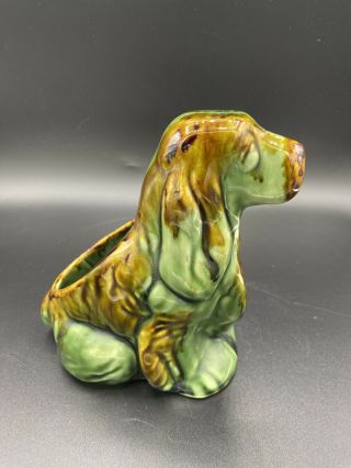 Vintage Antique Green Glaze Cocker Spaniel Ceramic Pottery Dog Planter 6 - 1/2”
