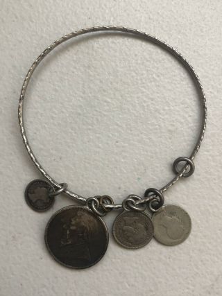 Rare Antique Sterling Silver 4 Coin Charm Bracelet Coins Date 1838 - 1892 15.  72g