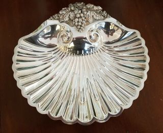 Vintage Large Silver Plated On Copper Footed Shell Shaped Serving Dish