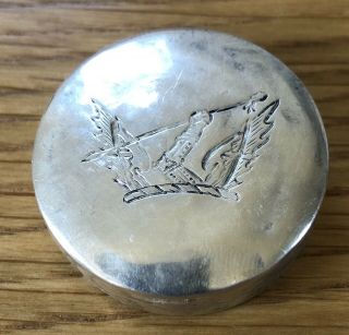 Antique English Sterling Silver Family Crest Engraved Pill Box.  London 1929
