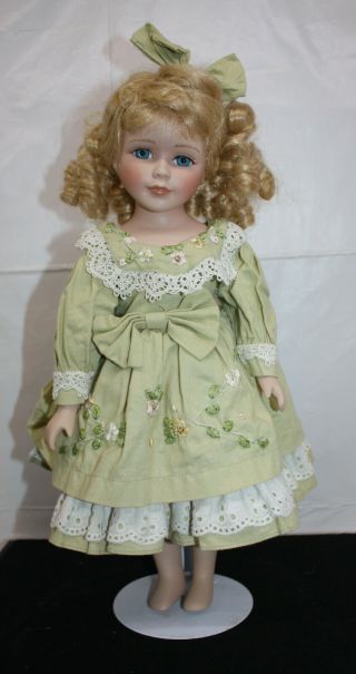 Vintage 16 " Porcelain Doll Blonde Hair Blue Eyes Real Eyelashes Euc