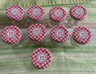 Rare Set Of 9 Vtg Miniature Glass Swiss Colony Jelly Jars W/ Red Checked Lids